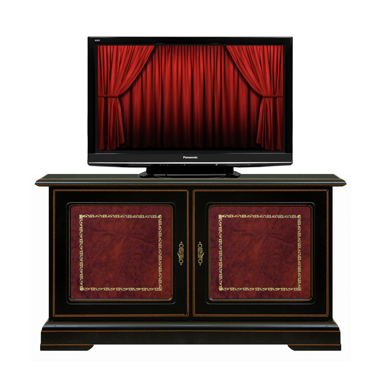 Meuble Tv bas noir avec v&eacute;ritable cuir