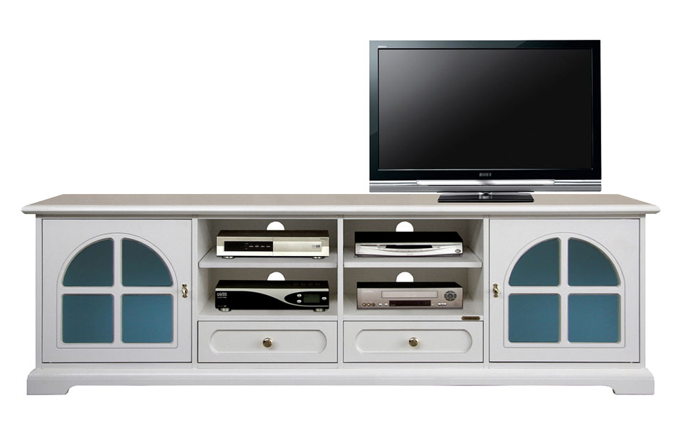 Meuble Tv laqu&egrave; avec le verre d&eacute;poli bleu
