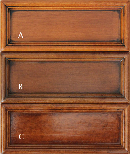 A) Ciliegio, B) Noce, C) Bassano campioni tinte cilegio, noce, bassano