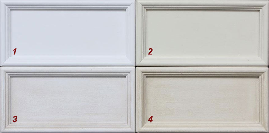 1) Bianco uniforme opaco, 2) Avorio uniforme opaco, 3) Biano patinato, 4) Avorio patinato campioni laccato bianco avorio